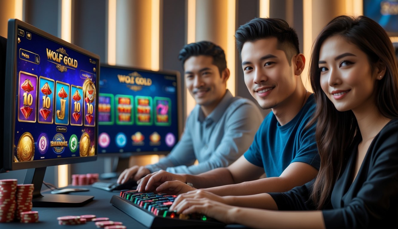 Dua orang muda duduk di meja bermain dengan beberapa monitor komputer menampilkan permainan slot berwarna-warni, suasana ruangan terang dan nyaman.