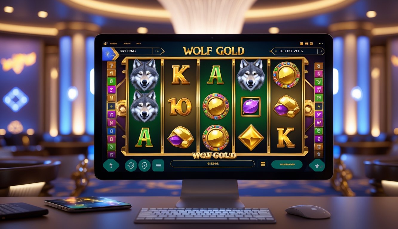Seorang pemain menggunakan perangkat digital dengan tampilan permainan slot bertema serigala dan emas di layar, di latar belakang suasana kasino yang tenang dan profesional.
