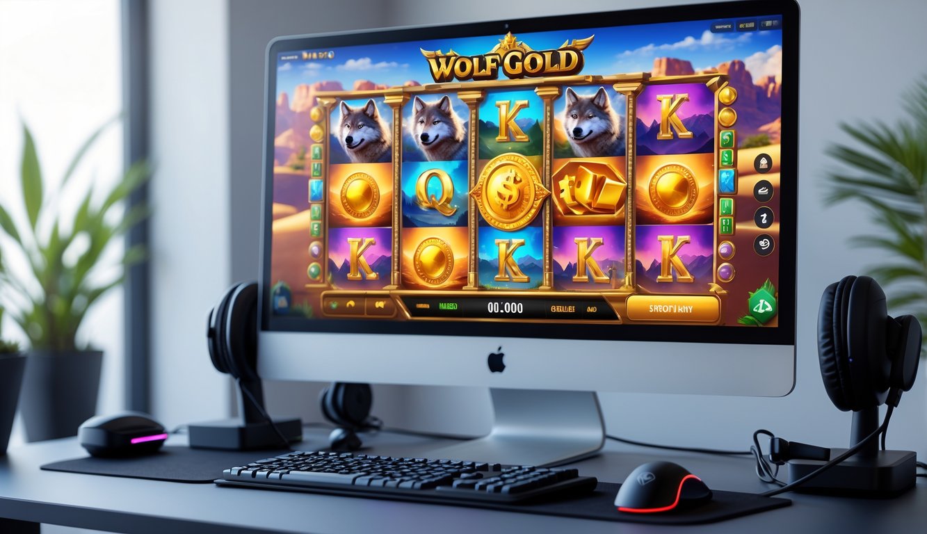Sebuah meja kerja modern dengan monitor menampilkan permainan slot Wolf Gold yang berwarna-warni, dikelilingi oleh aksesori gaming di ruang yang bersih dan terang.