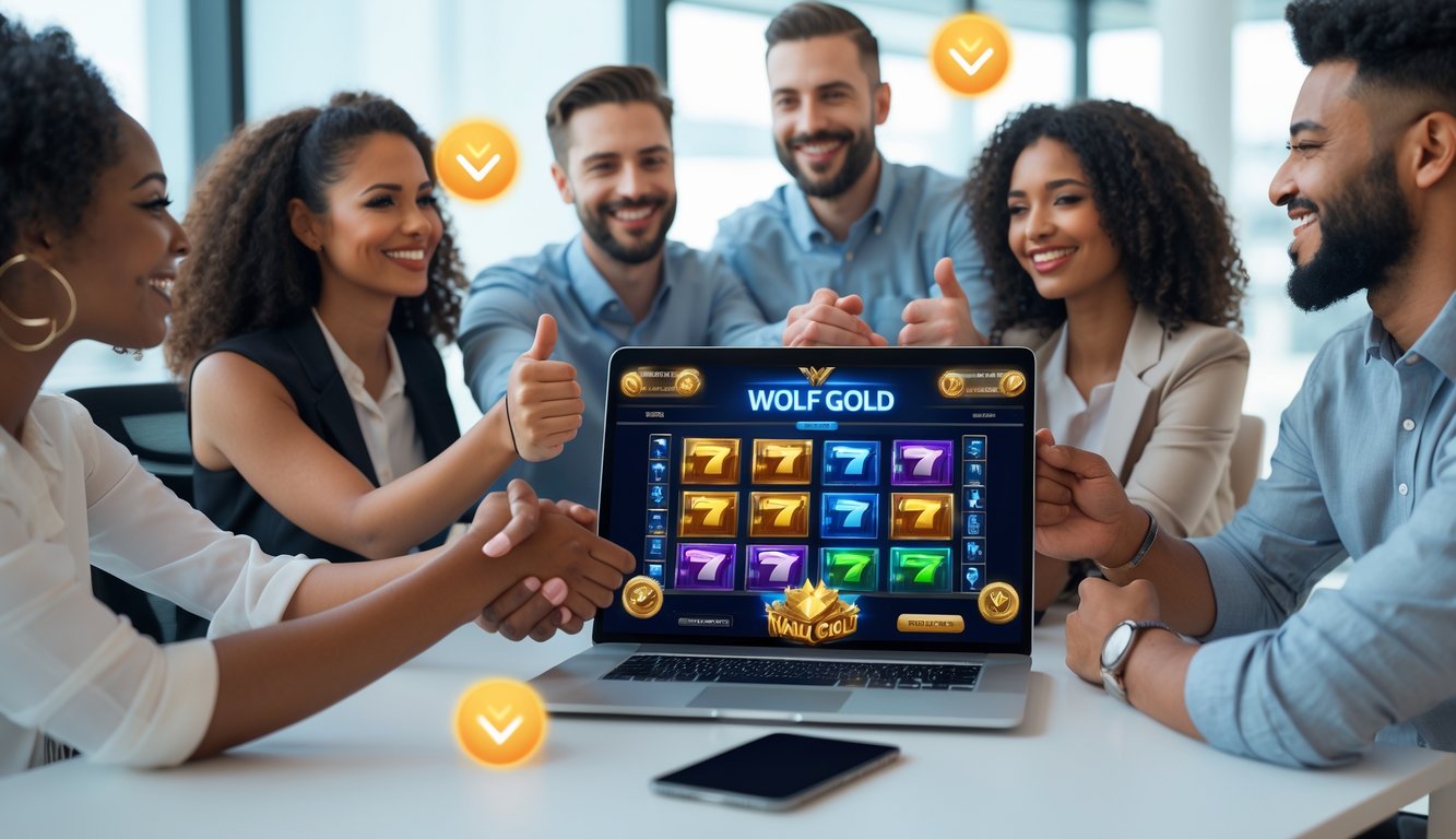 Sekelompok orang sedang berdiskusi dengan senang di kantor modern sambil melihat layar laptop yang menampilkan permainan slot digital.