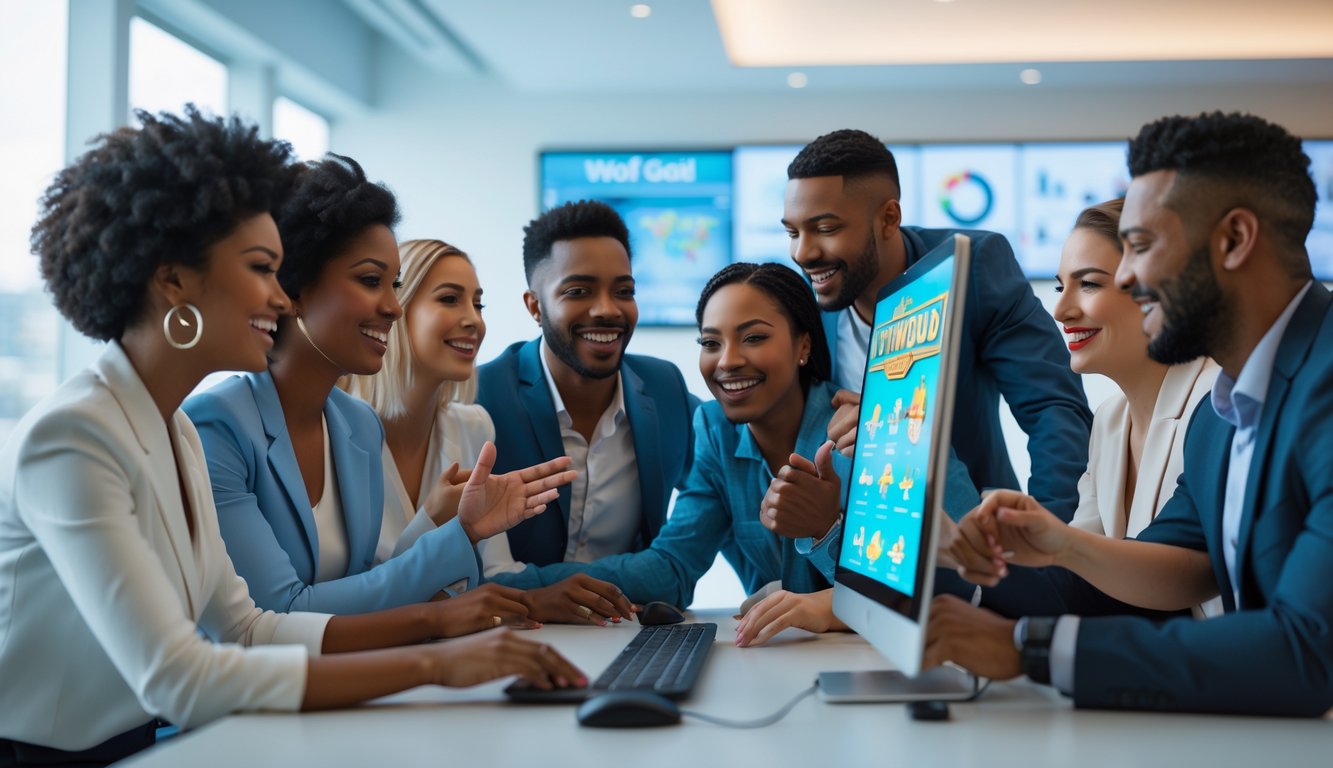 Sekelompok orang sedang menggunakan komputer dengan ekspresi senang di ruang kantor modern.