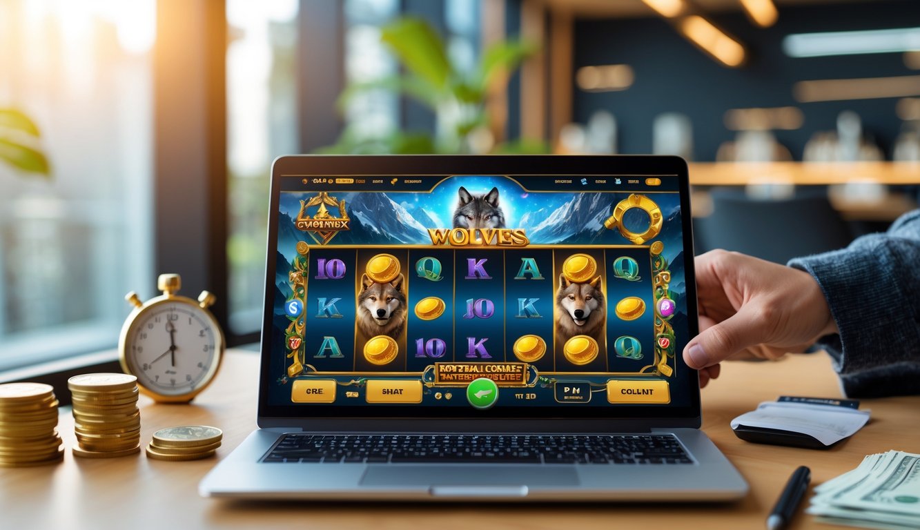 Seseorang menggunakan laptop di kantor modern dengan tampilan permainan slot bertema emas dan serigala di layar.