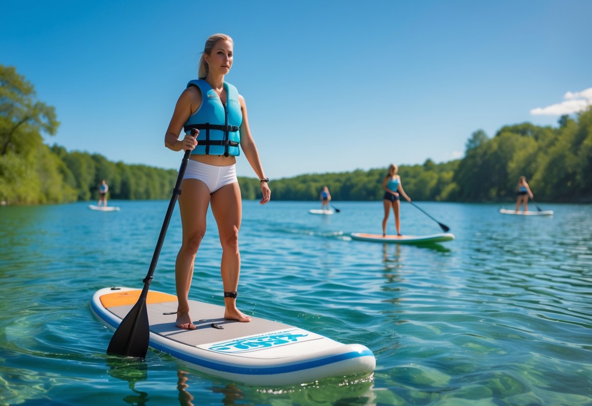 A woman wearing a life jacket stands on a paddleboard on a calm lake, holding a paddle and demonstrating proper balance and posture.