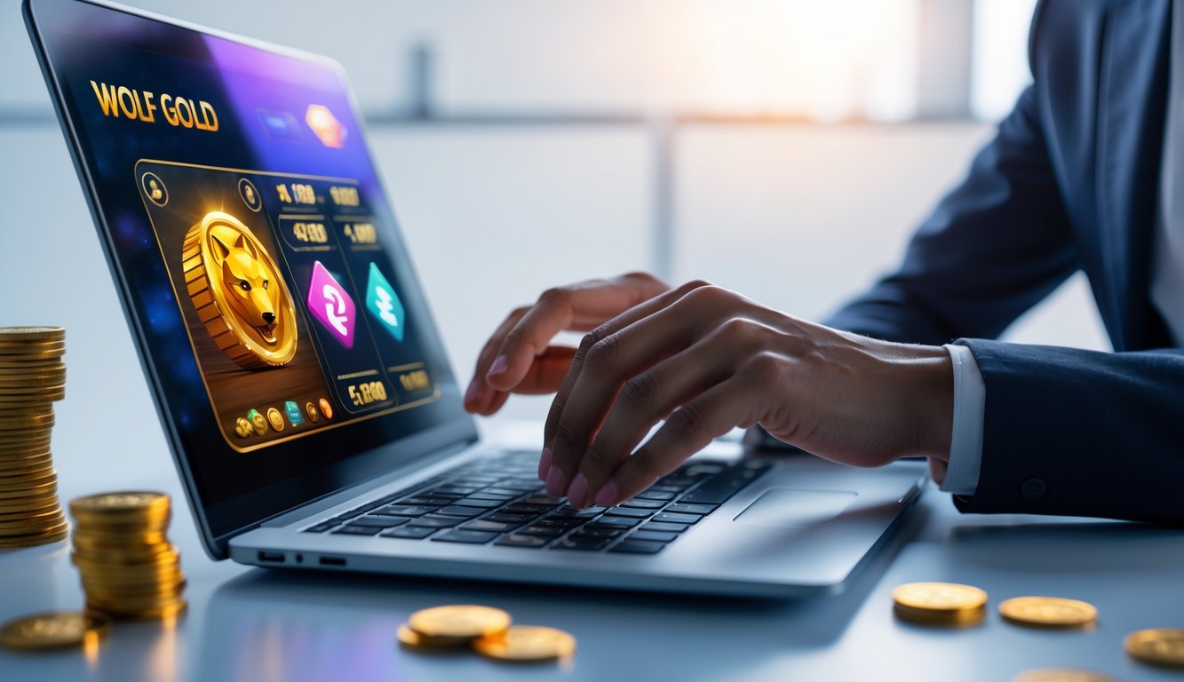 Seseorang menggunakan laptop dengan tampilan permainan slot online di meja kerja yang rapi dengan koin dan simbol kecepatan di sekitar.