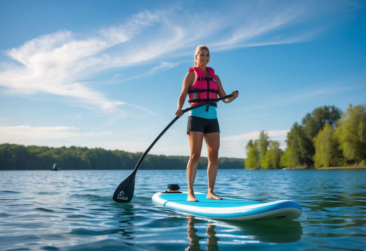 A person standing on a paddleboard on a calm lake holding a paddle, surrounded by trees and clear sky.