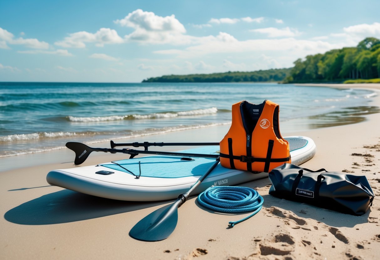Paddleboard, paddle, life jacket, dry bag, and leash arranged on a sandy beach by calm water.