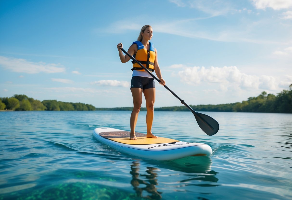 An adult standing on a paddleboard in calm water, holding a paddle and demonstrating paddleboarding technique with a shoreline and trees in the background.