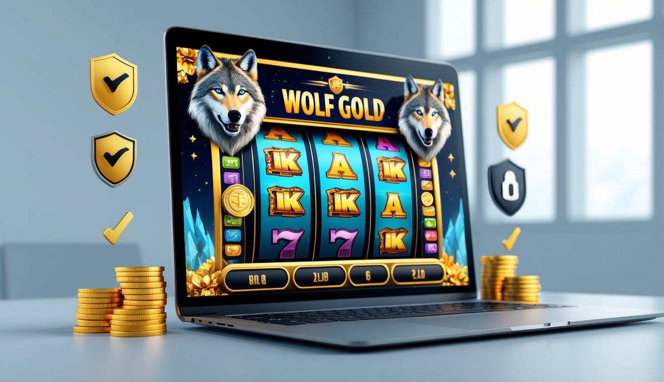 Sebuah komputer menampilkan permainan mesin slot dengan tema serigala dan elemen emas, dikelilingi simbol keamanan dan kepercayaan.