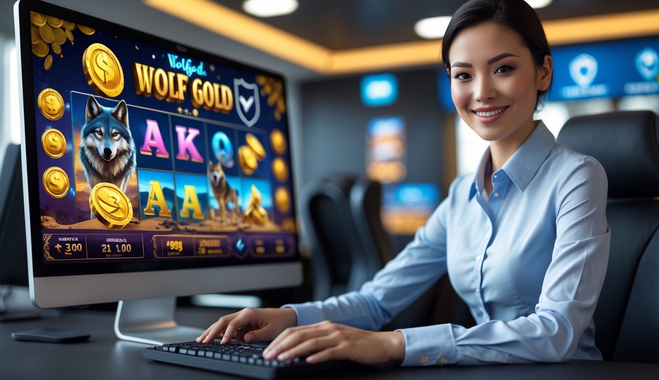 Seorang profesional sedang menggunakan komputer dengan tampilan permainan slot Wolf Gold di layar, menunjukkan suasana kerja yang terpercaya dan aman.