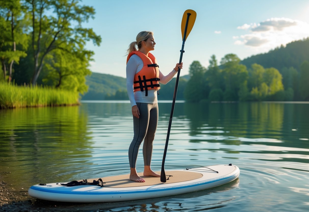 A young woman standing on a paddleboard near a calm lake shore, holding a paddle and preparing to start paddleboarding.