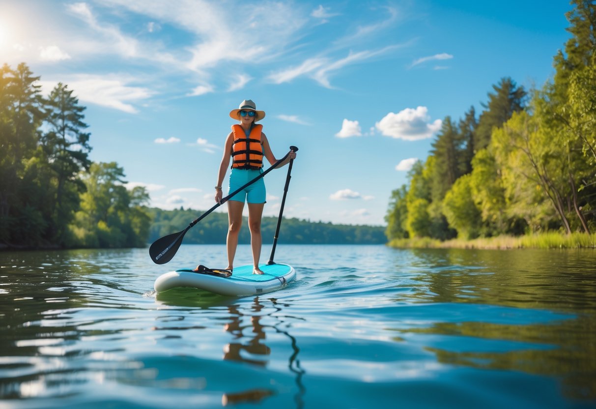 A person wearing a life jacket stands on a paddleboard on calm water surrounded by trees under a blue sky.