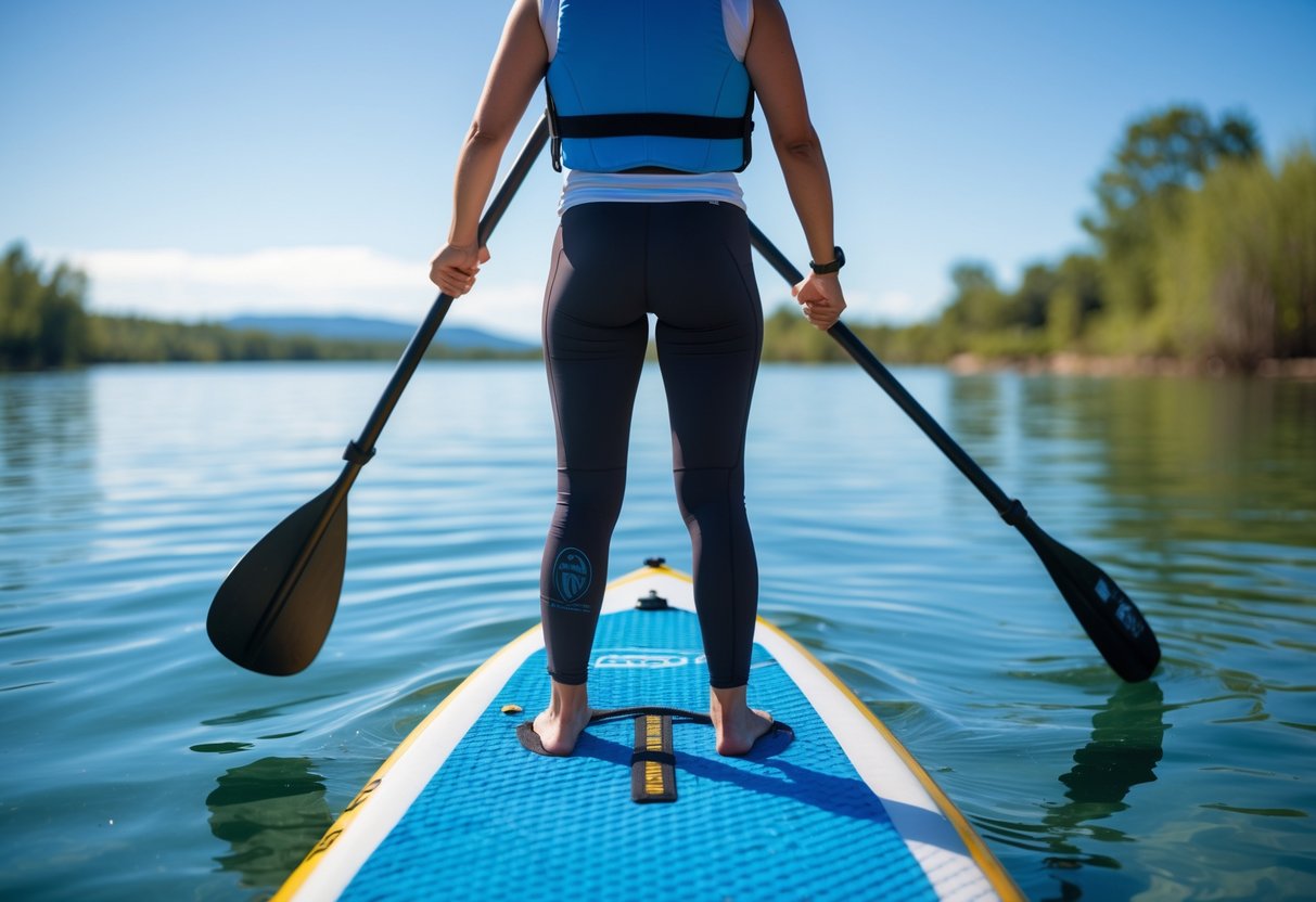 A person standing on a paddleboard on calm water, demonstrating proper stance and posture while holding a paddle.