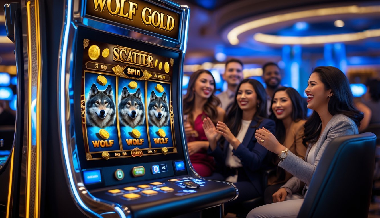 Mesin slot bertema serigala dengan koin emas dan simbol scatter, dikelilingi pemain yang menikmati permainan di kasino.