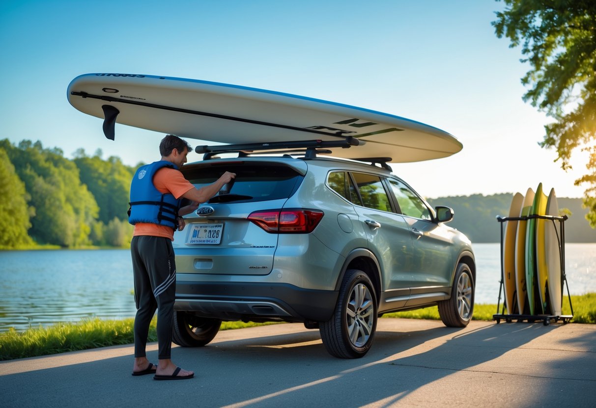 Person securing a paddleboard on a car roof rack near a calm lake with trees in the background.