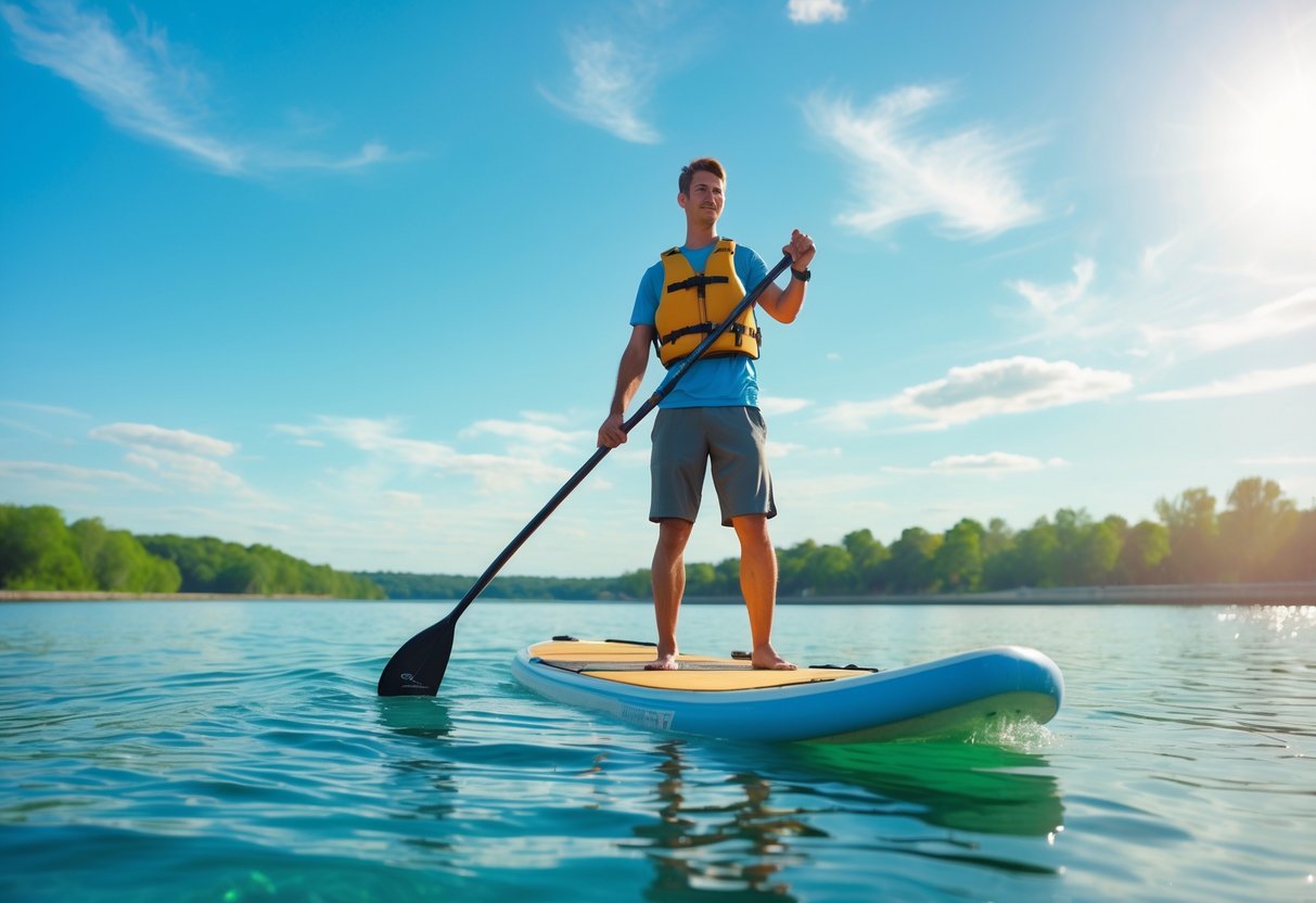A person standing on a paddleboard in calm water, holding a paddle, with trees and a clear sky in the background.