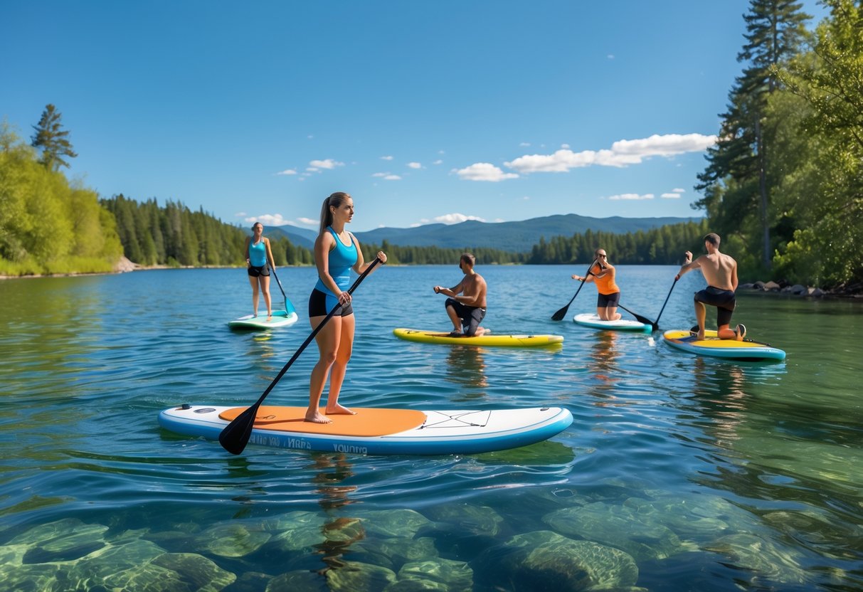 People practicing different paddleboarding techniques on a calm lake surrounded by trees and mountains.