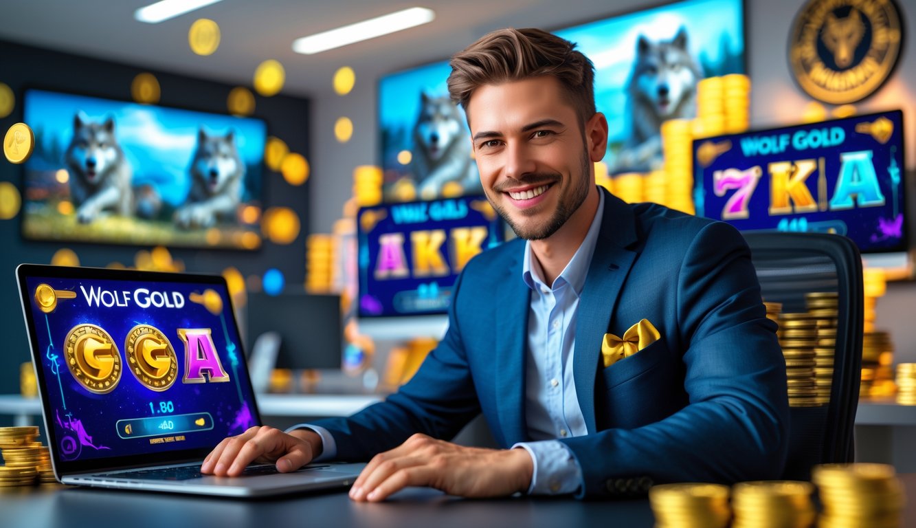 Seorang pria muda duduk di meja modern menggunakan laptop dengan layar menampilkan grafik permainan slot bertema serigala dan emas.