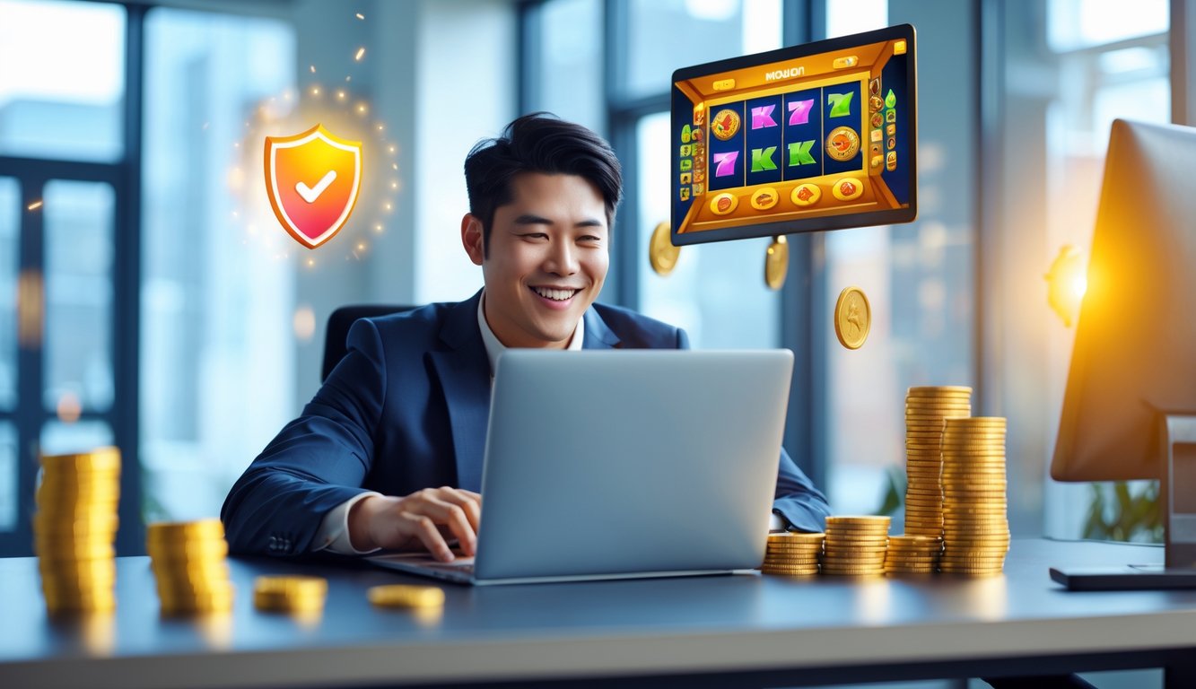 Seorang pria muda tersenyum duduk di meja dengan laptop yang menampilkan permainan slot, dikelilingi oleh koin emas dan simbol keamanan di kantor modern.