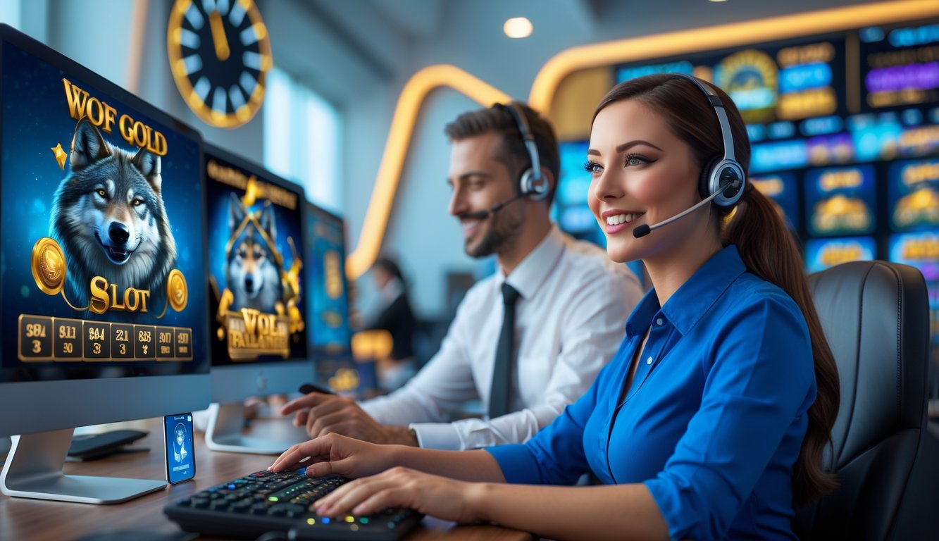 Seorang petugas layanan pelanggan sedang membantu pemain di pusat layanan dengan layar komputer yang menampilkan permainan slot bertema serigala dan emas.