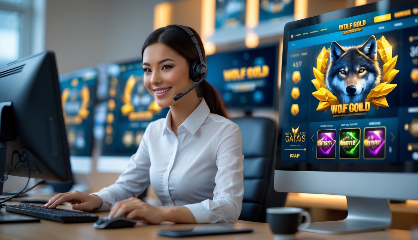 Seorang wanita muda mengenakan headset sedang membantu pelanggan di kantor modern dengan layar komputer yang menampilkan grafik permainan slot bertema serigala dan emas.
