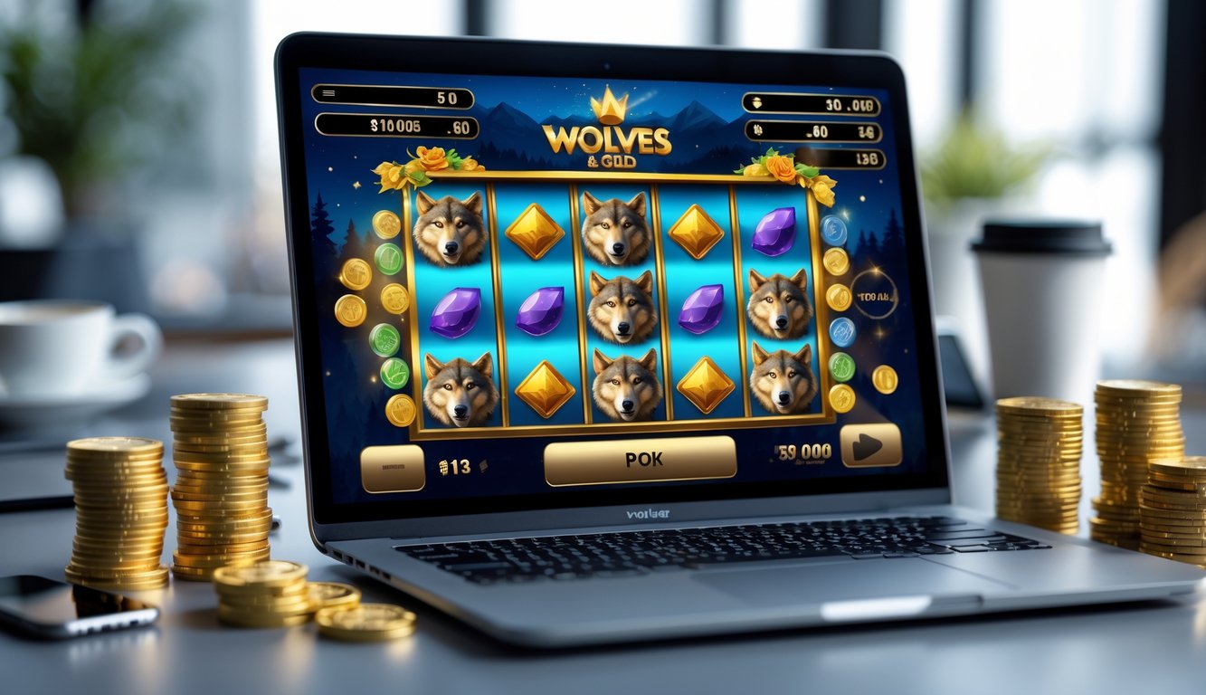 Seorang pemain sedang menggunakan komputer dengan layar menampilkan permainan slot bertema serigala dan emas, di meja terdapat tumpukan koin kecil dan suasana santai.