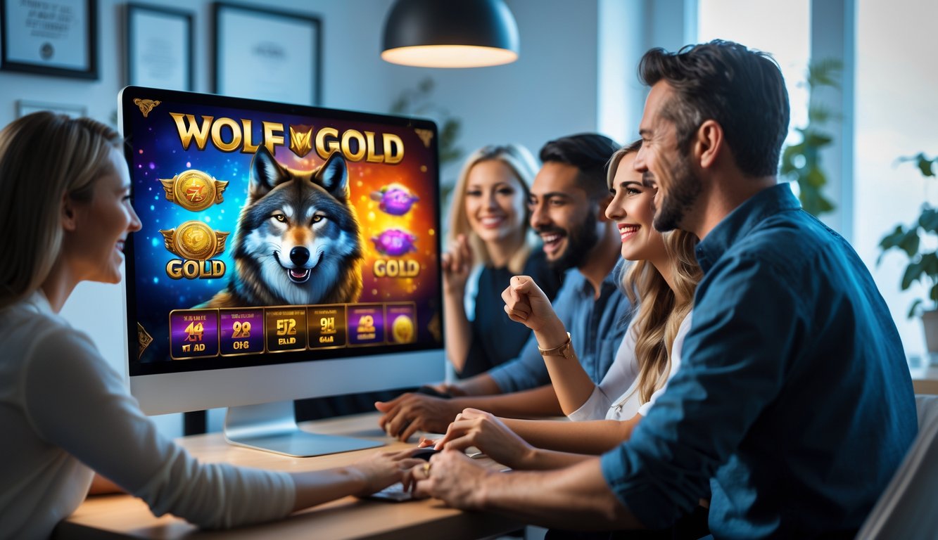 Beberapa orang dewasa bermain permainan slot Wolf Gold di komputer dalam ruangan yang rapi dan terang.