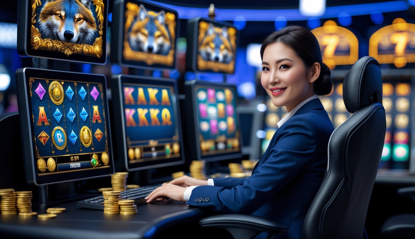 Seseorang duduk di depan layar komputer dengan tampilan permainan slot bertema serigala dan emas, terlihat fokus dan percaya diri dalam suasana kasino yang terang.