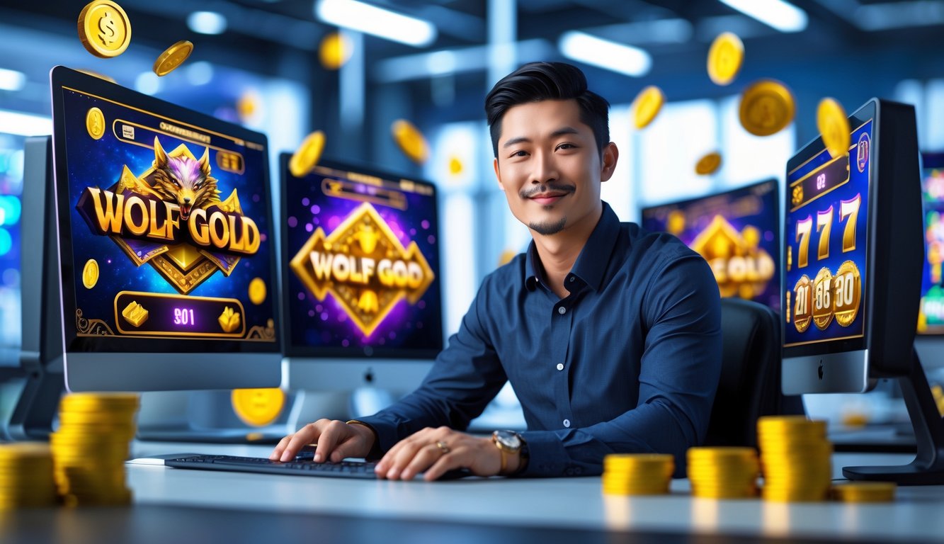 Seorang pria Asia duduk di depan beberapa layar komputer yang menampilkan permainan slot, di sebuah kantor modern yang terang dan rapi.