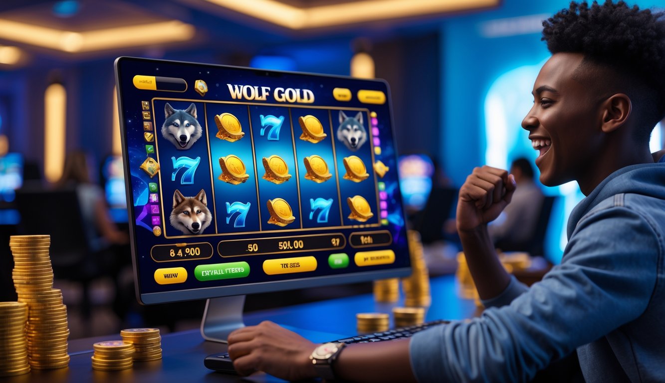 Seorang pemain muda yang antusias menggunakan komputer untuk bermain mesin slot dengan tema serigala dan koin emas di ruangan permainan yang modern dan terang.