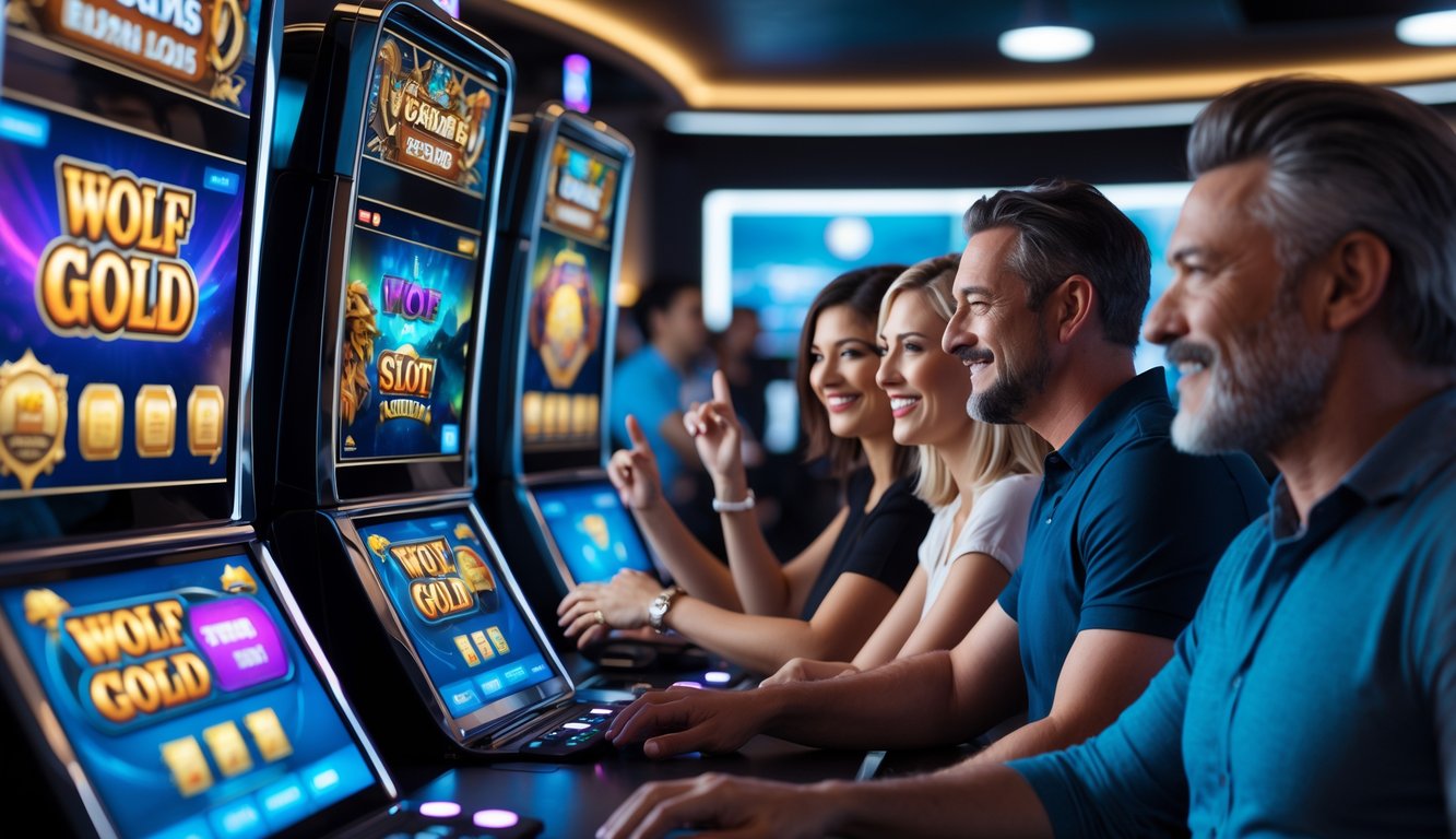 Sekelompok orang dewasa sedang bermain permainan slot online di layar komputer dengan suasana ruang permainan modern yang cerah dan menarik.