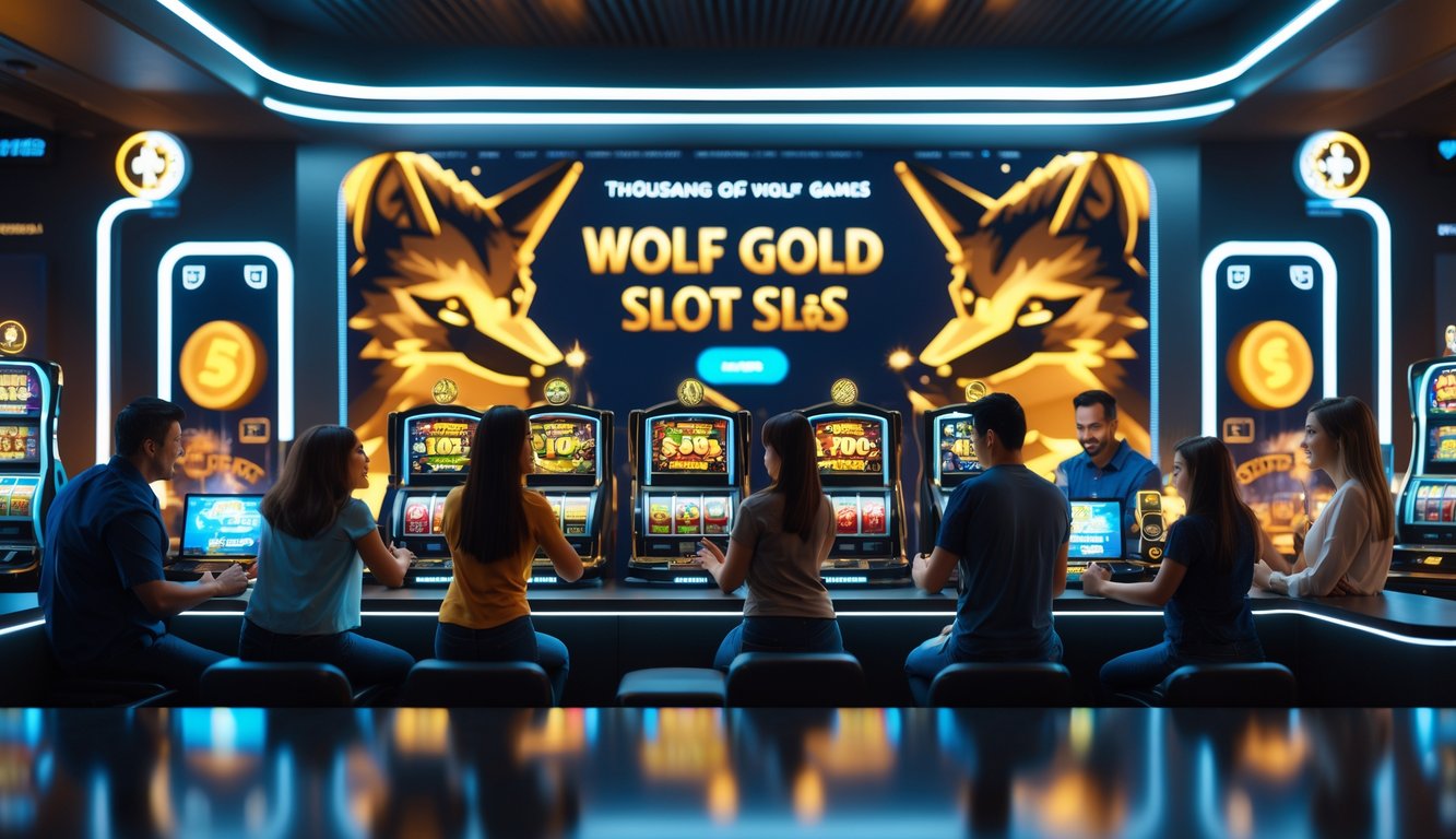 Sekelompok orang bermain permainan slot online dengan latar belakang grafis bertema serigala emas yang cerah dan penuh warna.
