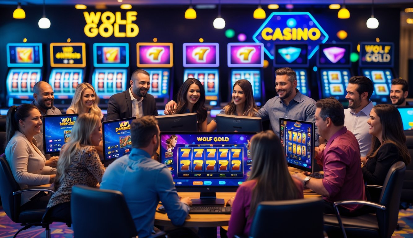 Sekelompok orang dewasa sedang bermain game slot online di sebuah ruang permainan yang nyaman dan terang dengan beberapa layar komputer dan ponsel.