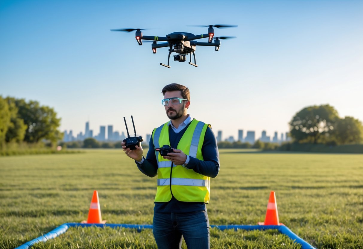 A person wearing safety glasses and a high-visibility vest operates a drone outdoors in an open field with safety cones marking a flight zone.