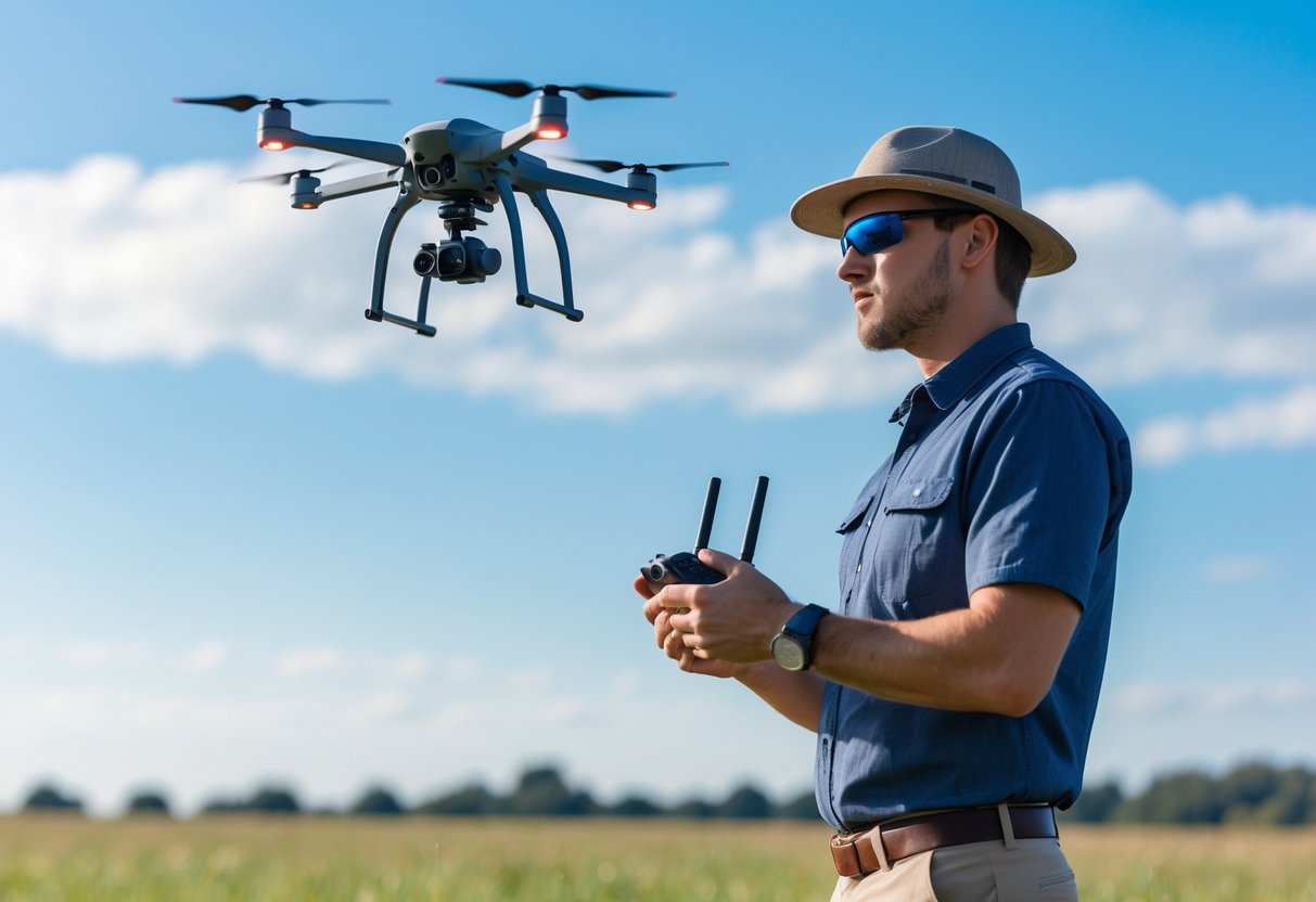 A person operating a drone outdoors in an open area with a remote controller, with the drone flying in the clear sky.