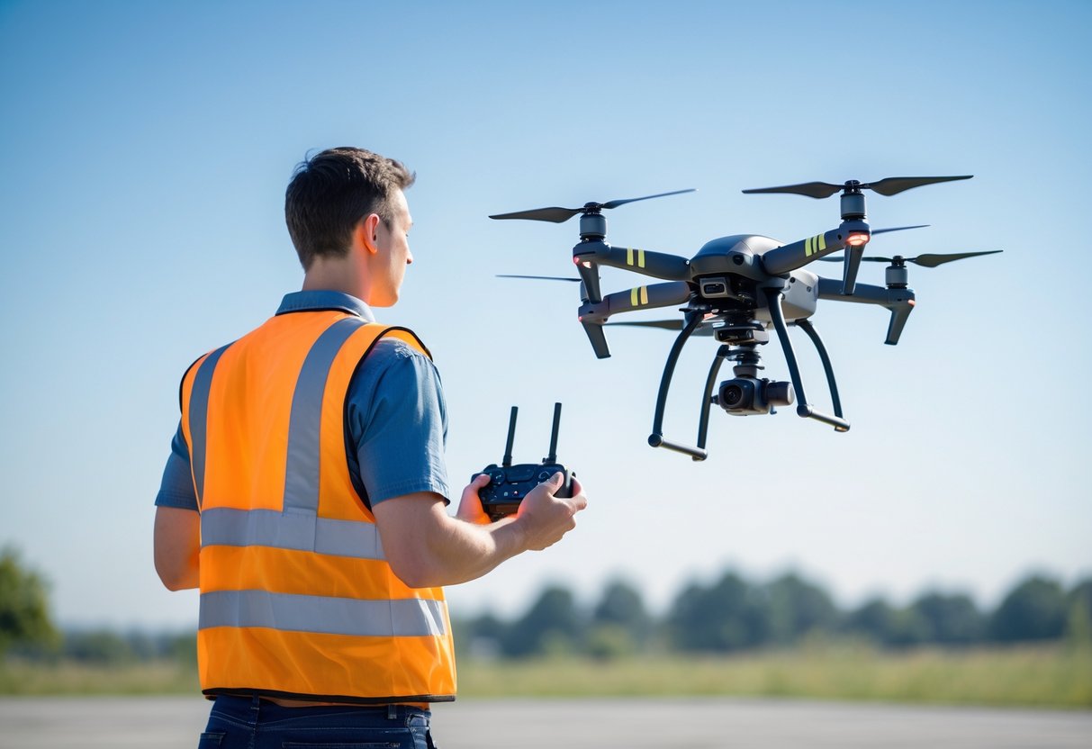 A person wearing a safety vest operating a hovering drone outdoors in an open area.