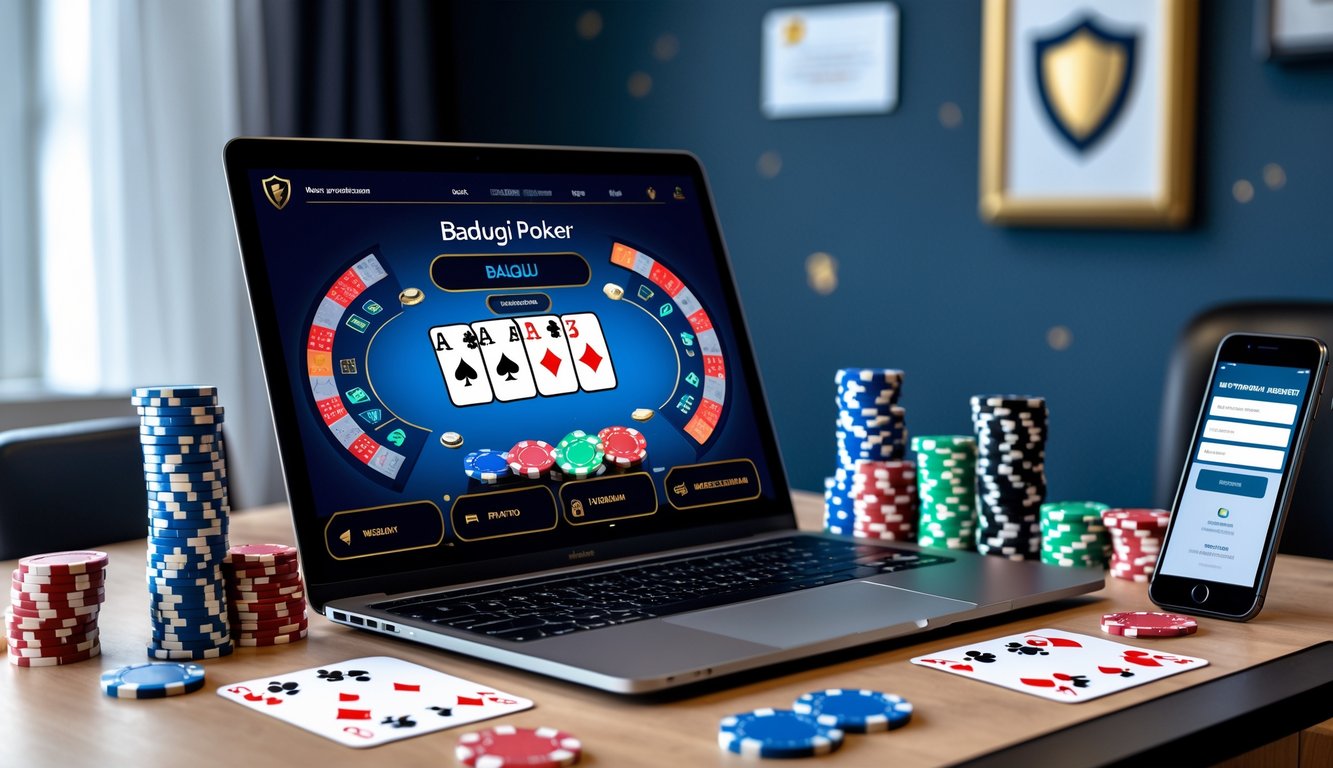 Seorang profesional menggunakan laptop dengan permainan poker Badugi online di layar, dikelilingi oleh chip kasino dan kartu bermain di meja kerja yang rapi.