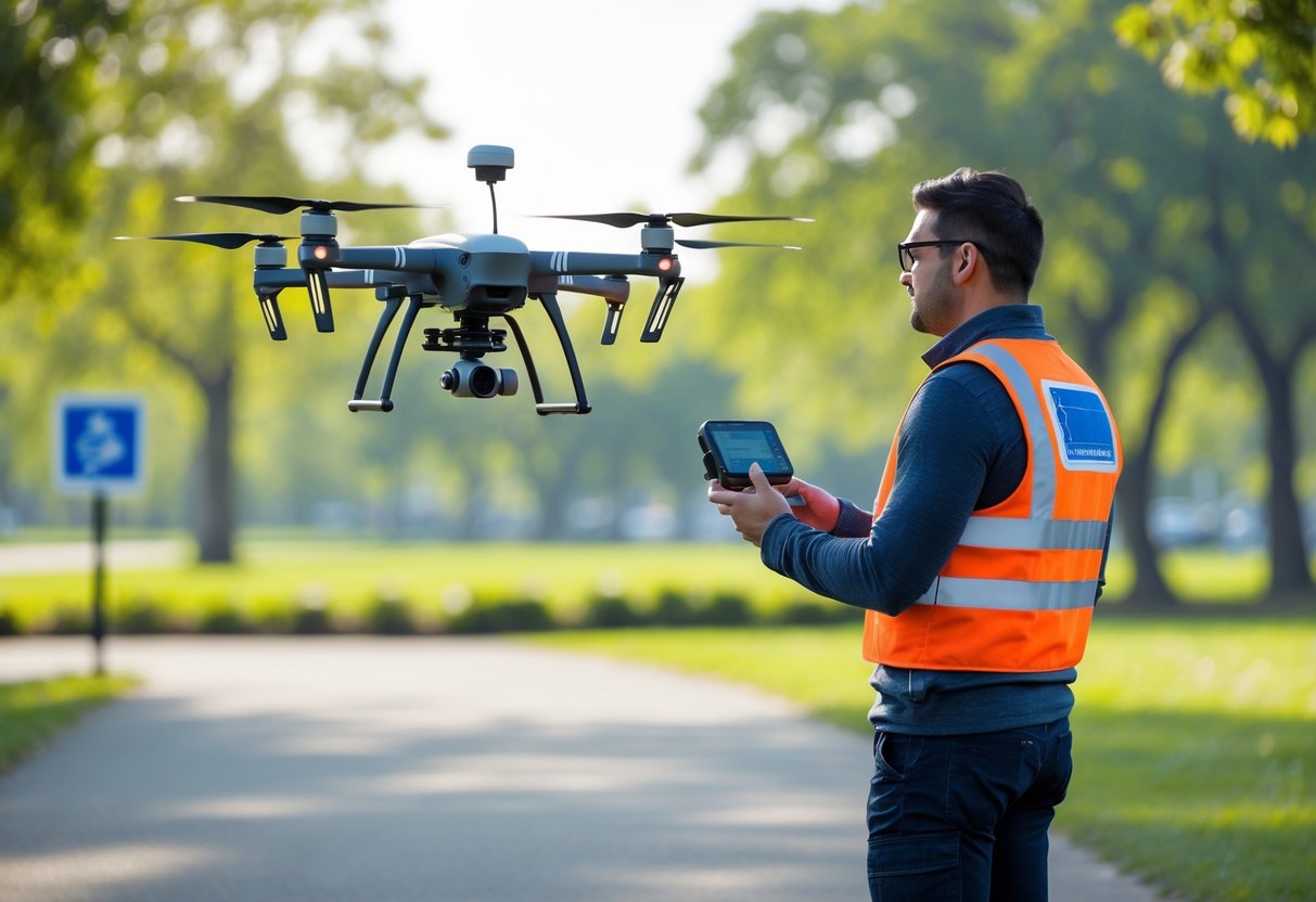 A drone operator controlling a drone flying over a public park with privacy signs visible nearby.