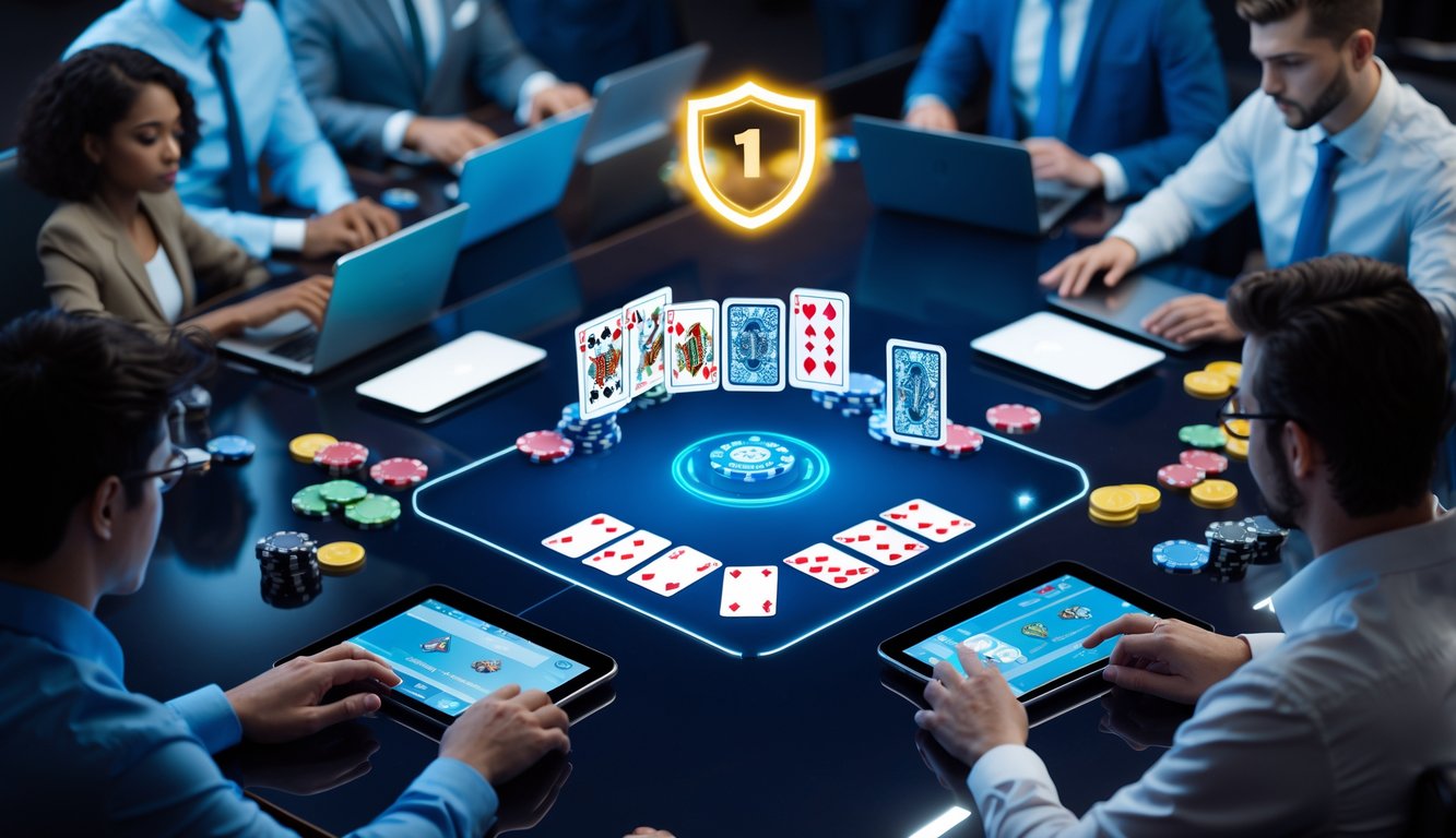 Orang-orang bermain permainan kartu Badugi secara online di lingkungan kasino digital yang modern dan terpercaya.