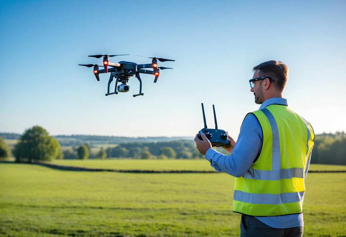 A person wearing safety glasses and a high-visibility vest operating a quadcopter drone in an open field with trees and hills in the background.