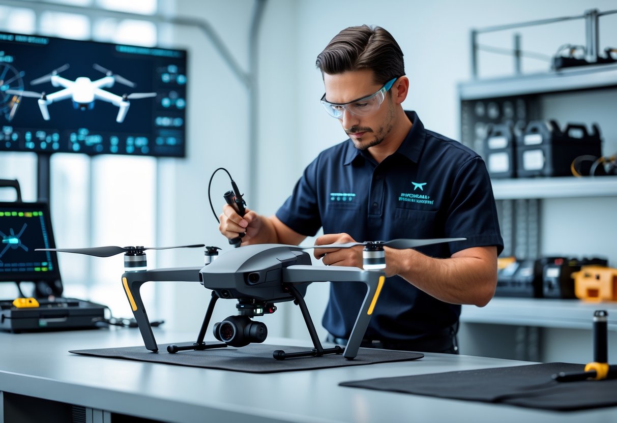 A technician inspects a drone on a workbench in a clean workspace with tools and equipment around.