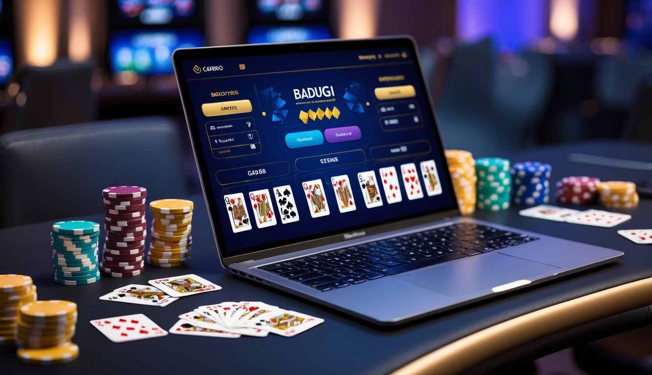 Meja kerja dengan komputer menampilkan permainan kasino online dan kartu Badugi, dilengkapi dengan chip poker dan suasana yang nyaman.