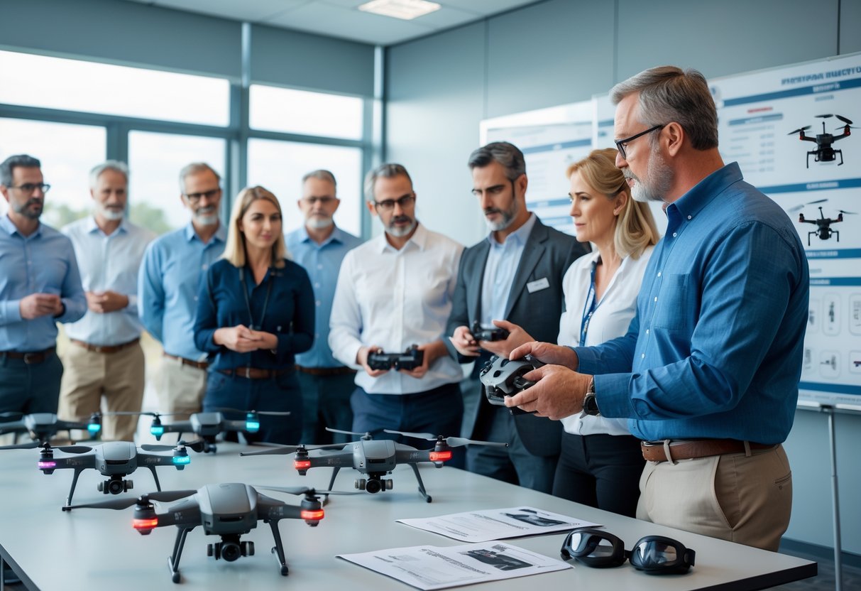 A group of adults attending a drone operation training session indoors, watching an instructor demonstrate drone controls.