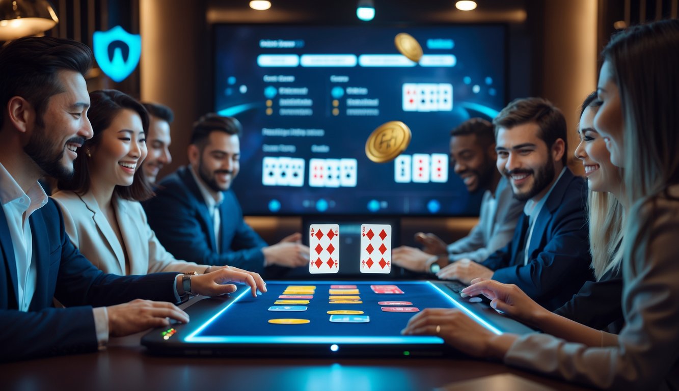 Orang-orang bermain permainan kartu Badugi secara online di lingkungan kasino yang modern dan nyaman.