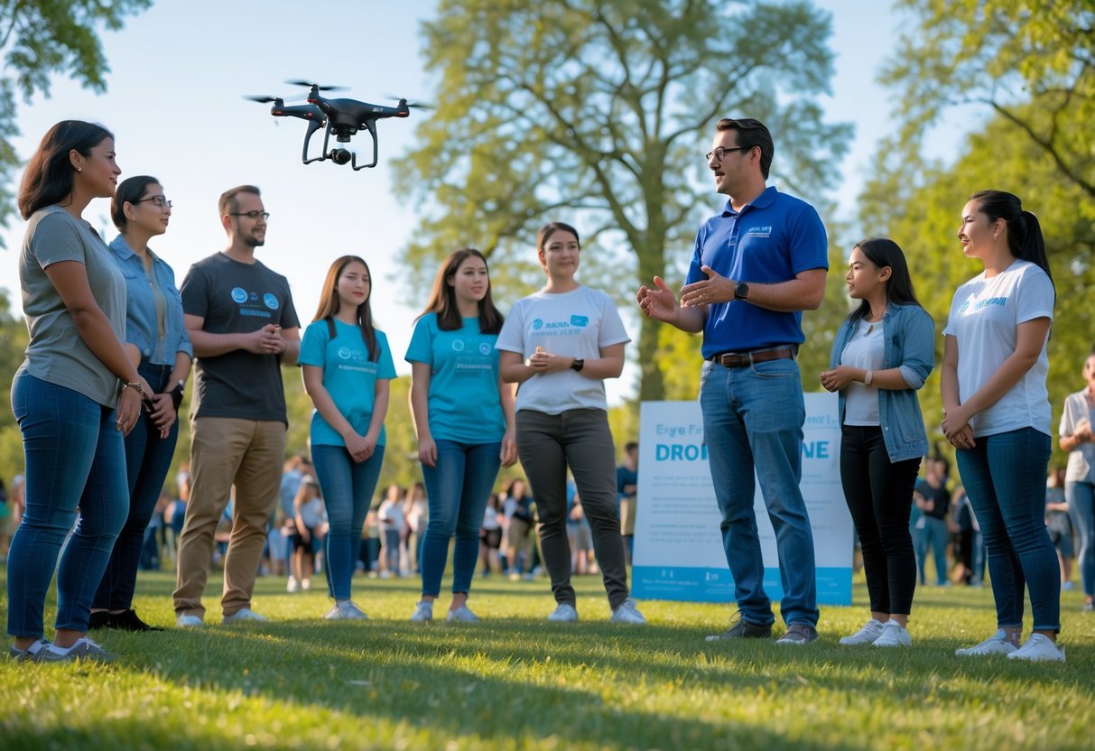 A group of people outdoors watching a drone pilot demonstrate safe drone flying in a park.