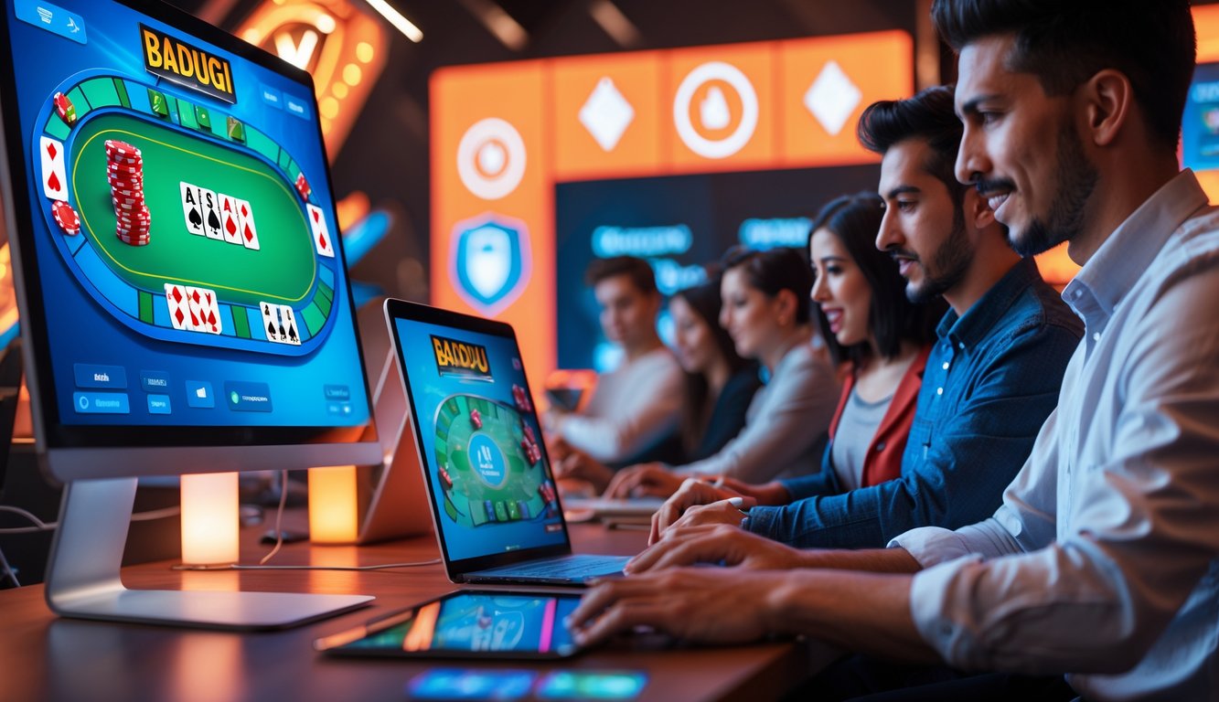 Sekelompok orang muda bermain permainan Badugi poker secara online menggunakan laptop dan tablet di ruang kerja modern yang terang dan rapi.