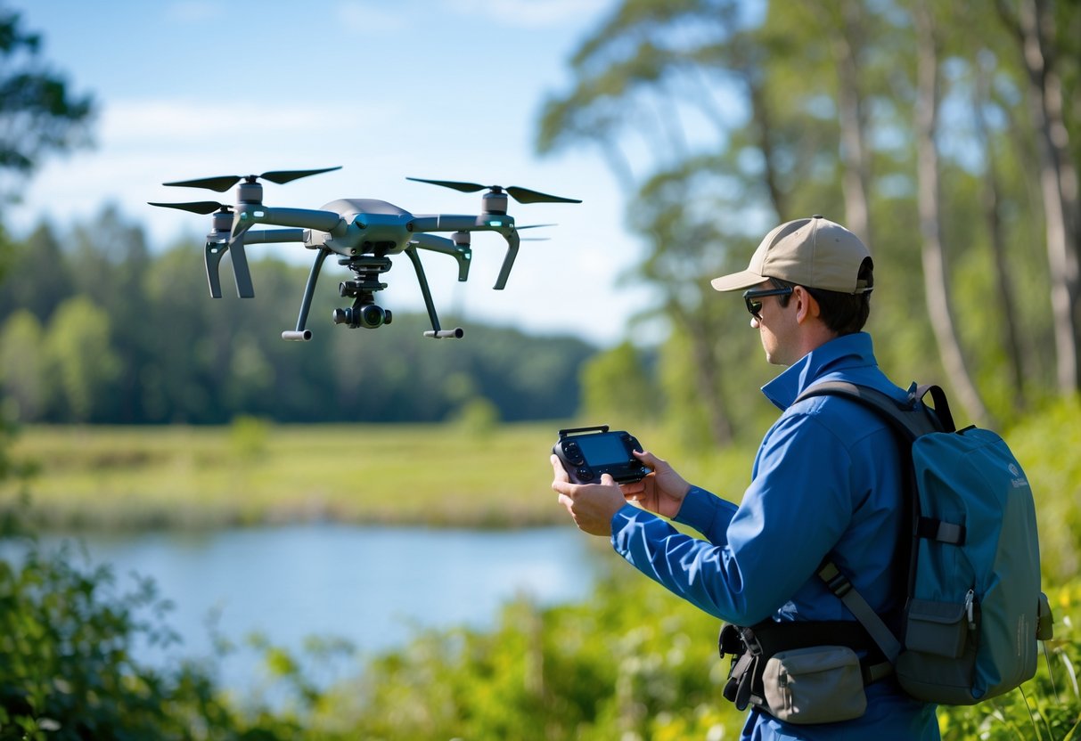 A person operating a drone outdoors in a natural environment with trees and clear skies.