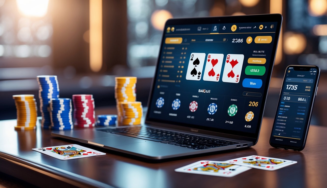 Sebuah laptop dan smartphone di atas meja kayu dengan kartu remi dan chip poker, menunjukkan suasana permainan kasino online yang modern dan profesional.