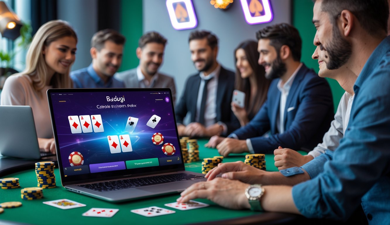 Orang-orang sedang bermain permainan kasino online Badugi dengan komputer dan chip poker di ruangan yang terang dan modern.