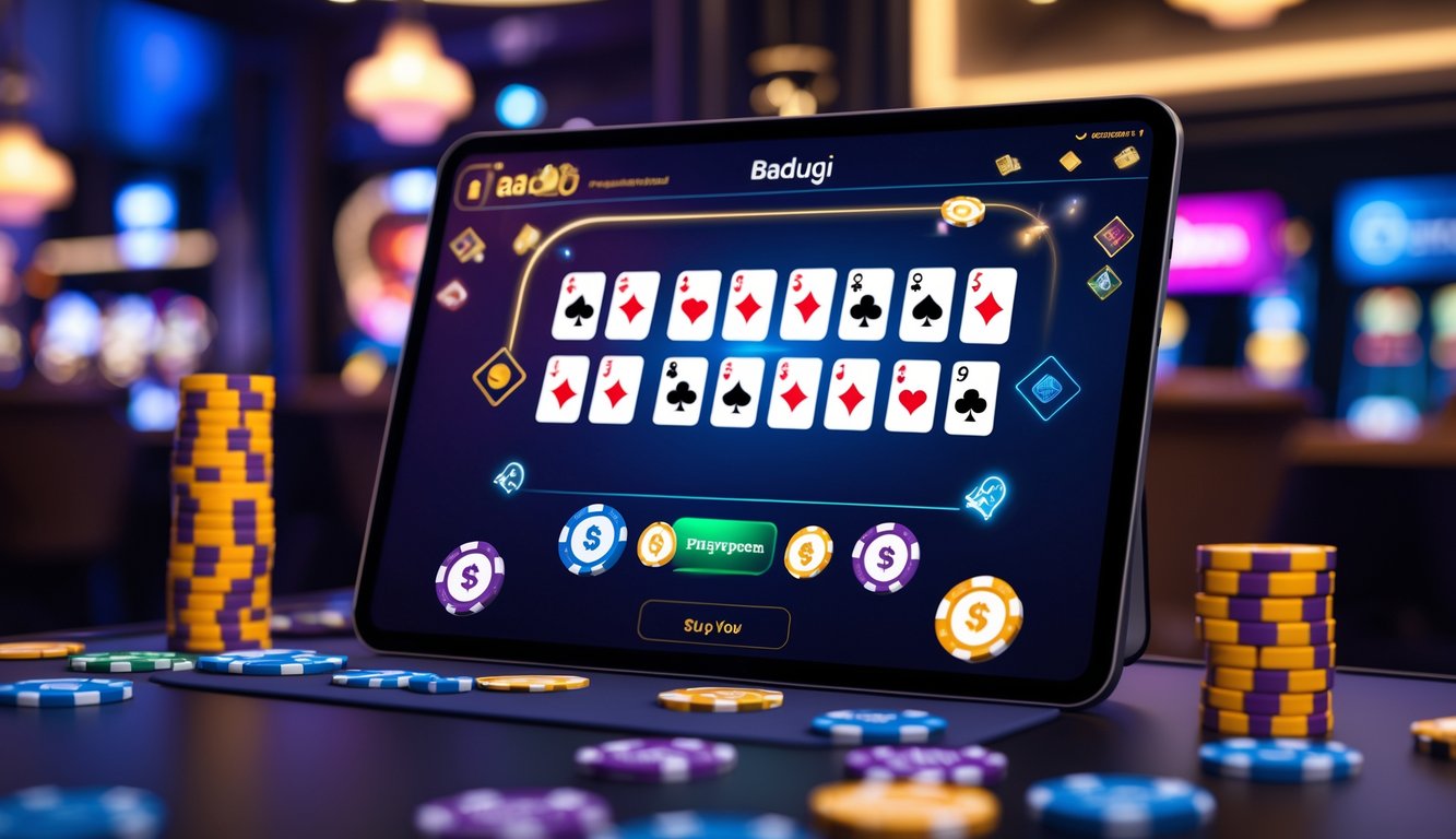 Suasana ruang modern dengan layar digital menampilkan permainan kartu Badugi dan simbol pembayaran cepat tanpa potongan.