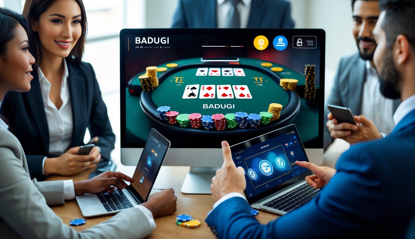 Orang-orang menggunakan laptop dan ponsel di meja dengan kartu dan chip kasino, menggambarkan agen kasino online Badugi yang terpercaya dan pembayaran cepat.